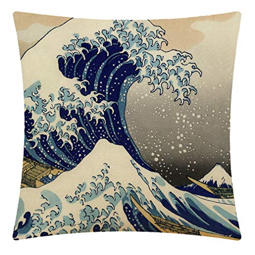 CANSEGO Funda de cojín de lino y algodón japonés The Great Wave Off Kanagawa Cover