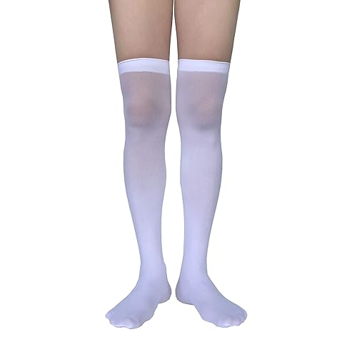 Opaque Thigh High Stockings for Women, School Girl Nylon Silk Knee High Long Sock for Halloween & Cosplay Party NL-W3 - White