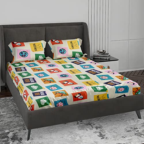 LABHAM - Kids Mania 140GSM Glace Cotton Floral Abstract Print Super Soft Double Bed King Size Bedsheet (90 x 100) with 2 Pillow Covers (White, Yellow, Green) (B0BX42WQPK) Amazon Price History, Amazon Price Tracker
