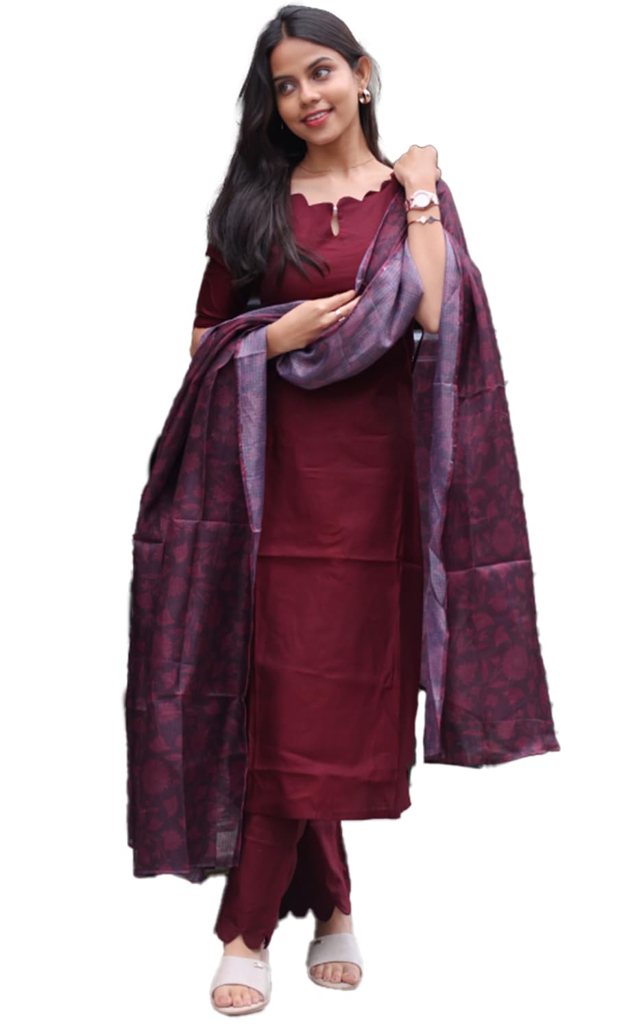 Women's Roman Silk Straight Cut Kurti Pant with 3/4th Sleeves Round Neck Regular Fit calf Length and Dupatta Set