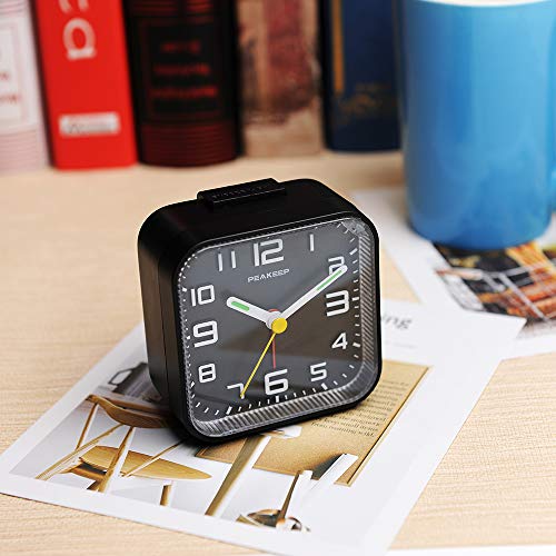 Image of Peakeep 3D Numbers No Tick-Tock Analog Alarm Clock Classic Beep Sound | Snooze, Manual Light and Battery Powered Small for Travel (Black-3D)