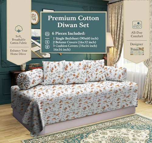 Image of IVAZA 240 TC Soft Ezyption diwan Cover Set Cotton 6 Pieces Designer Printed Standard diwan Cover Set (1 Single Bedsheet, 2 Bolster Covers, 3 Cushion Covers) Brown & White
