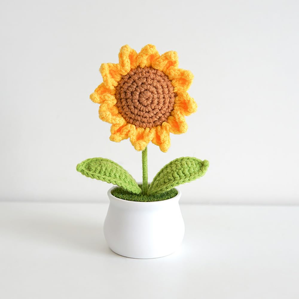 Crochet Flower, Handmade Crochet Flowers, Artificial Sunflower Gifts for Women Girls, Mini Sunflower for Car Dashboard Office Desk Decor Home Decoration (Sunflower Pot)-image-33