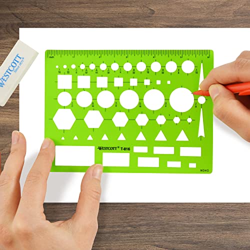 Image of Westcott T-816 All-Purpose Technical Drawing Template, Plastic Shape Template Tool, Green, 4.5 by 6 in | Plastic Shape Template Tool, Green, 4.5 inch x 6.25 inch