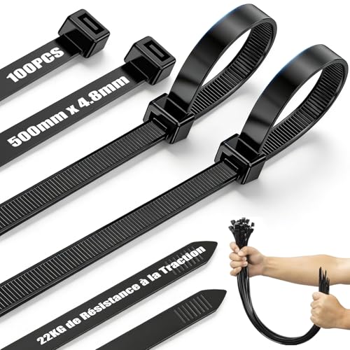 Attaches Câble Extralongue Noir, Serre Cable Réutilisable pour Cable Management 500mm x 4.8mm, Collier de Serrage la Traction de 22kg PourJardinage, Atelier,...