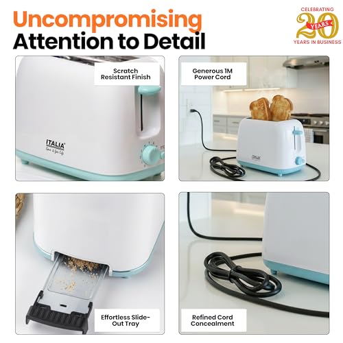 Image of ITALIA 2 Slice Pop-up Toaster | 750W Bread Toaster with 6 Browning Levels, Auto Pop-up, Anti-Jam Safety, Easy Clean, Compact Design - White & Mint