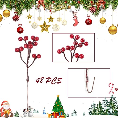 Fangoo 48 Pack Artificial Red Berry Stems,18cm Burgundy Red Berry Picks Holly Berries Branches for Christmas Tree Decorations Crafts Wedding Holiday Season Winter Home Decor - Image 3