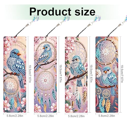 Image of 4 Pcs DIY 5D Diamond Painting Bookmark Kits for Adults, Acrylic Crystal Rhinestones Book Marks, Dreamcatcher Bluebird Diamond Art Bookmarks with Crystal Pendant, Handmade Tassel Bookmarks Gift Set