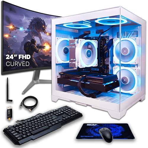Image of SAAV Drex Prebuilt Gaming PC Bundle Desktop Tower Intel Core i7-12700KF Radeon RX 9060 XT 8GB GDDR6 Curved 24in Monitor 16GB DDR4 512GB NVMe SSD WiFi 6 Windows 11 White RGB Computer PC Gaming