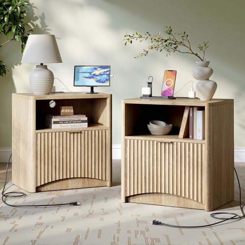 Image of Evermagin Fluted Nightstand Set of 2 with Charging Station, Natural Oak Bedside Table with Drawer and Storage, Wood End Table Mid Century Modern, Large Night Stand for Bedroom