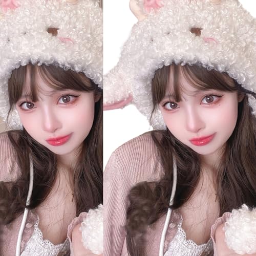 Cartoon Furry Lamb Hat Headgear with Ear for Girls Cosplay Warm Winter Headwear Cosplay Party Supplies White2