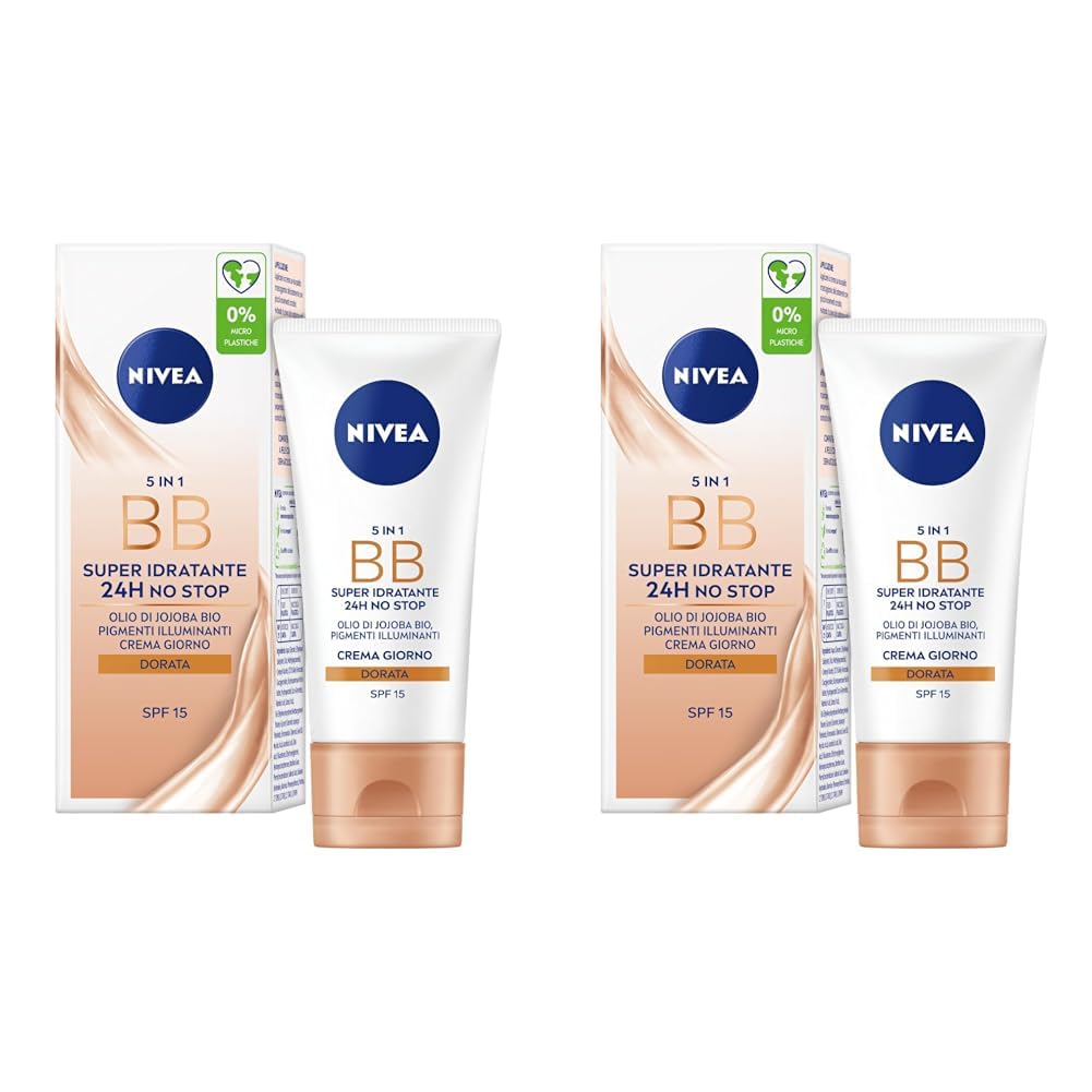 NIVEA ESSENTIALS BB Cream Super-Idratante 24H No Stop 50 ml, Crema Giorno SPF15 Uniformante, Crema viso Pigmentata, Crema Idratante con Olio di Jojoba Bio e Minerali (Confezione da 2)