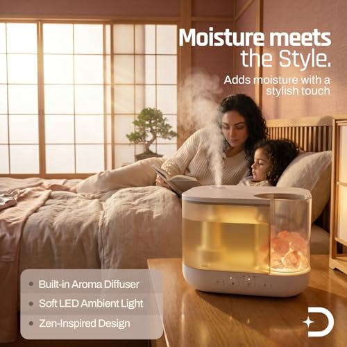Image of Domestica Humidifier for Room Moisture | Ultrasonic Cool Mist with 2L Tank | Up to 17H Runtime | Aroma Diffuser with Natural Stone | Soft LED Light, 3-Level Mist Control | Easy Top-Fill | Ultra-Quiet