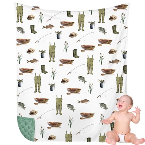 Image of HunnmingRe Baby Blanket for Boys Fishing Blankets for Newborn Double Layer Toddler Registry Nursery Must Have, 30 x 40 Inch Soft Muslin Cotton Front Dotted Fleece Backing