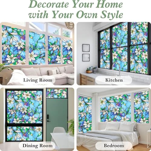 Image of MOCOCO Premium Vinyl Privacy Stained Window Glass Sticker (16x60 Inch) - Self-Adhesive Decorative Film Opaque Sheet Tint Wallpaper for Glass Cover Window, Door, Office.| Anti-UV. Blue Lily Flowers