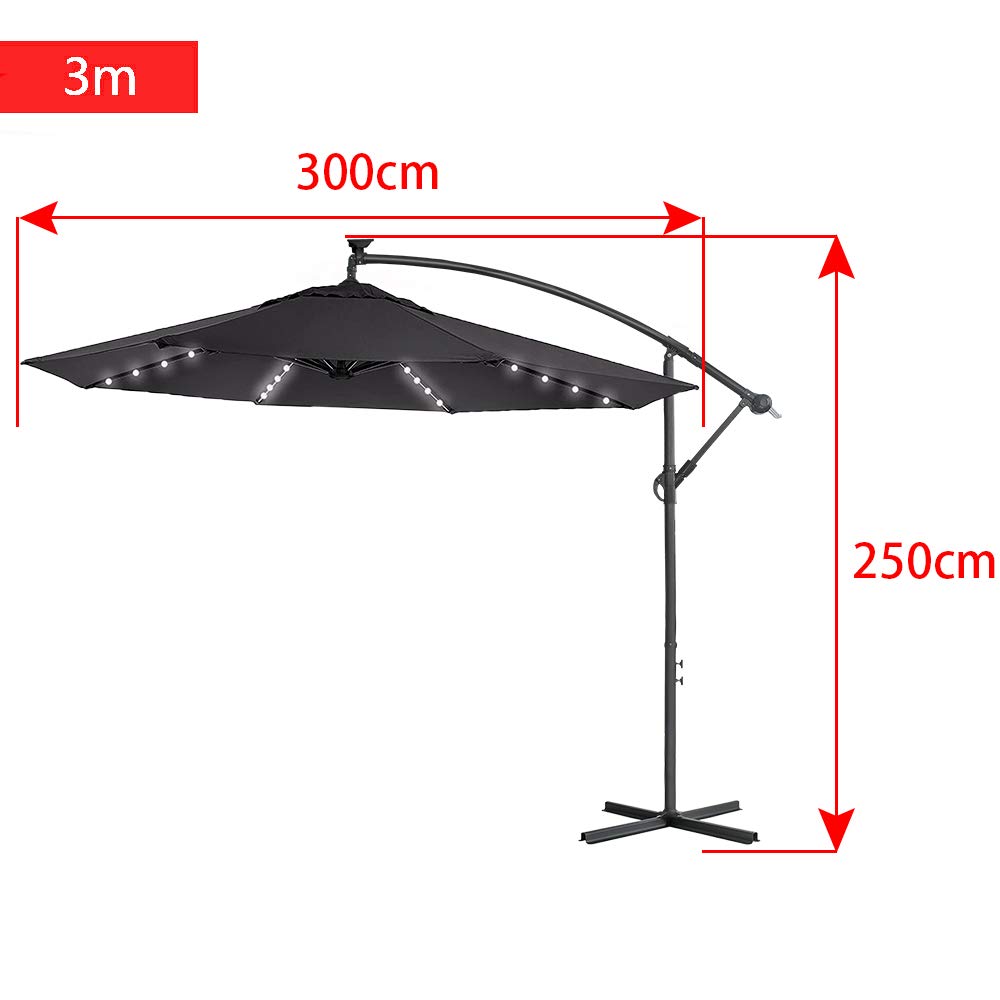 LARS360 Sombrilla Parasol Excéntrico Banana Con Solar LED para Terraza Jardín Balcón Mástil de Aluminio y 100% Poliester Tela, con Base de Cruz, Color Gris Oscuro 300cm Protección UV y Impermeable