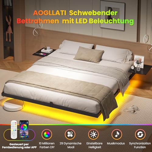 AOGLLATI Bettgestell 180x200 Bett 180x200 aus Metall mit LED Beleuchtung und Ladestation Schwebender Bettrahmen mit Aufbewahrungsregalen Metallbett mit Lattenrost Doppelbett Schwarz (Ohne Matratze) – Bild 6