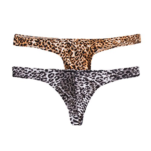 QiaTi Men's Thong Underwear Leopard Bikini Low Rise G-String Lingerie for Men Sexy Briefs Swimwear Jockstrap Pack of 2 (L) Yellow and Black