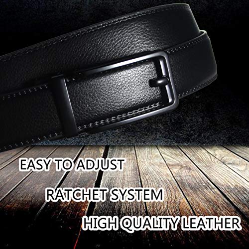 Image of JINIU Men's Ratchet Belt Buckle, Black Genuine Leather Slide Belt for Men Dress Suit, Micro Adjustable Trim to Fit Boxed