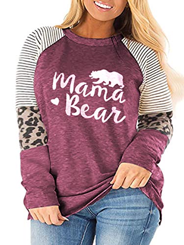 ROSRISS Túnica feminina de manga comprida, estampa de leopardo, listrada, colorblock, M-wine Red, 20