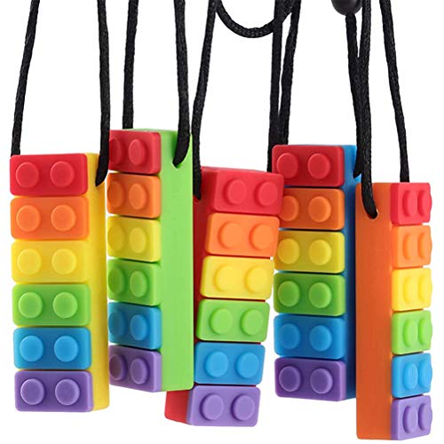 Zhangpu Mordedor para Masticar, 5 Piezas, Collar Sensorial para Masticar, Mordedor de Silicona con Ladrillo Arcoíris para Niños Autistas, Dentición del bebé, TDAH, Autismo (Como se muestra)
