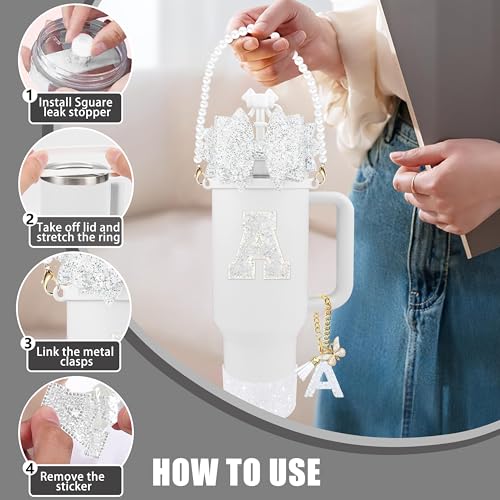 Hpebl 9PCS White for Stanley Cup Accessories Set Bling Initials Bow Charms for Stanley Decorations 30/40 Oz Tumbler Accessories Including Bow Straw Topper, Handle Strap, Spill Stopper（Letter R） - image 5