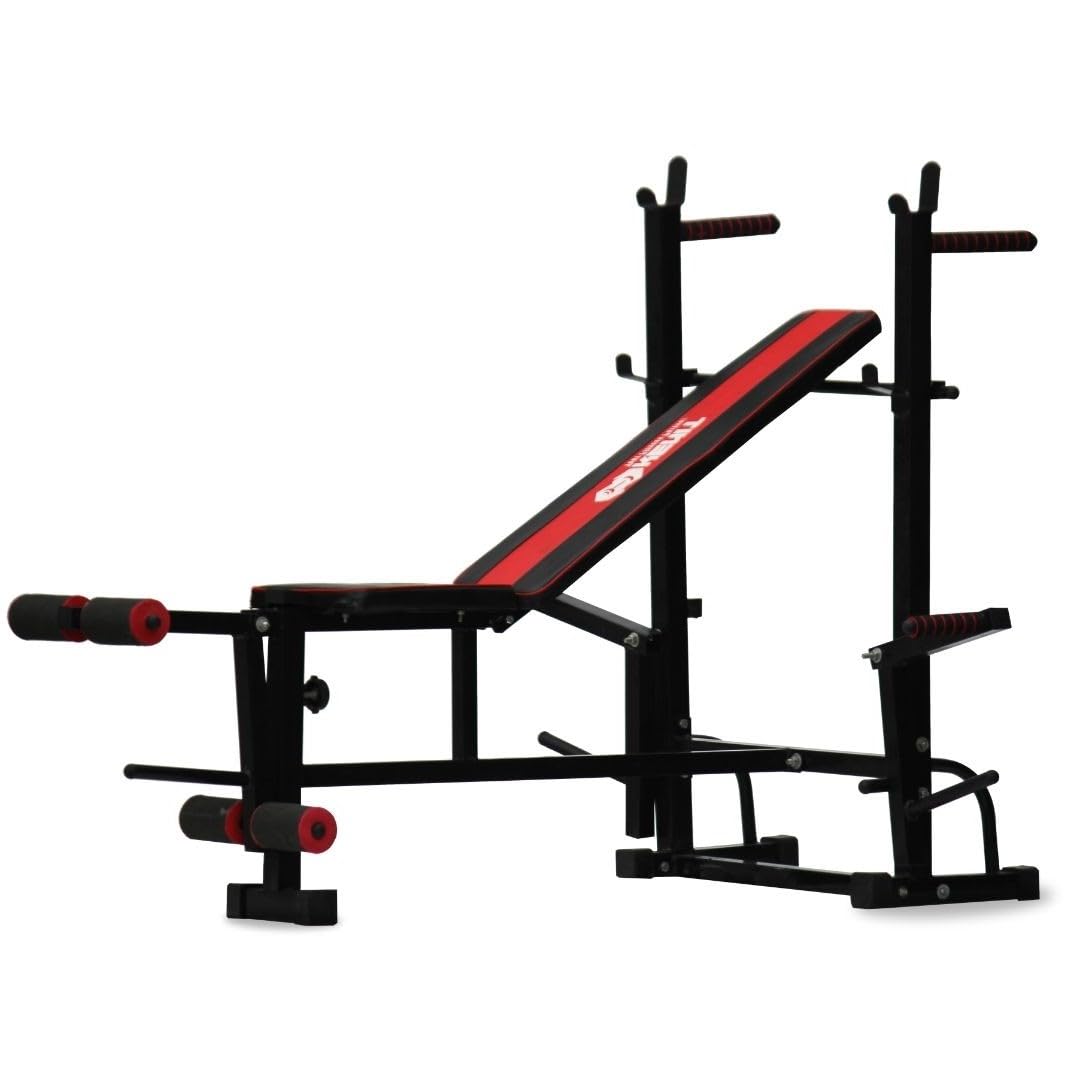 kenit 8 in 1 multipurpose bench incline/decline/flat/leg curl/leg extension/chest press/dips/push ups, home gym bench, compact design, red & black, 250 kg