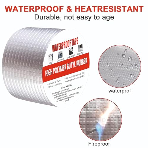 Image of RAYMOX Super Strong Adhesive Waterproof Permanent Repair Aluminum Butyl Tape Rubber Foil Suitable for Roof Leak, surface Crack, Window Sill Gap, Boat Sealing, Home Renovation (5CMX5M)