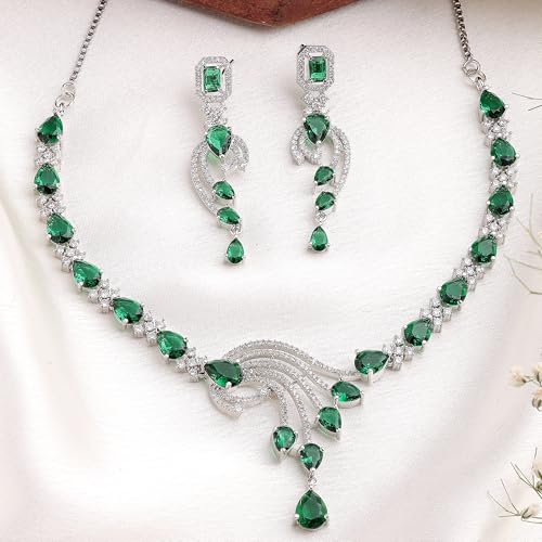 Image of ZENEME Rhodium Plated Silver Toned American Diamond Studded Paisley Necklace With Earrings Jewellery Set For Women & Girls
