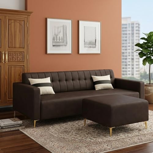 Image of SOCOZI Anton 4 Seater L Shape Sofa Set with Movable Ottoman | Flexible Left or Right Layout | Premium Leatherette with Golden Metal Legs |Sofa for Living Room (Brown Leatherette)