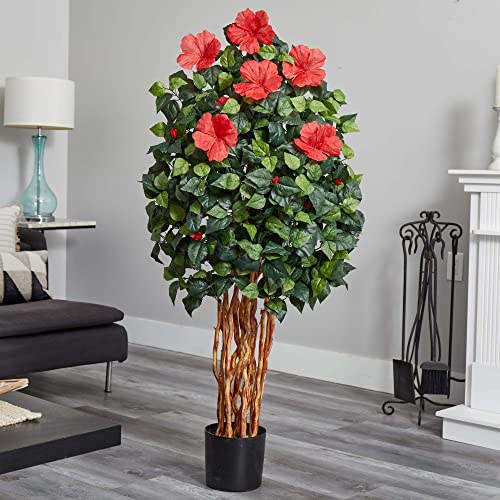 Nearly Natural 5’ Hibiscus Artificial Silk Trees, Red/Green #TOP1
