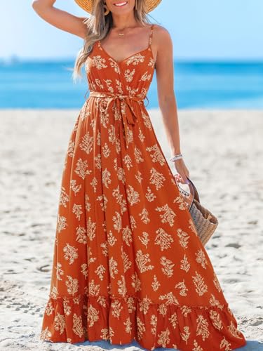 Image of CUPSHE Women's Summer Boho Maxi Dresses Sleeveless V Neck Beach Vacation Long Sun Dress Belted Flowy Tropical Resort Wear