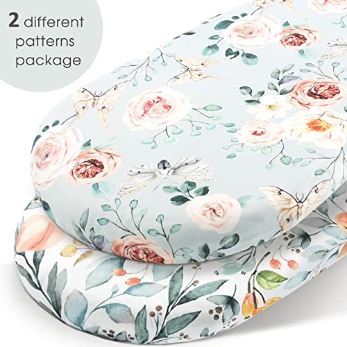 Image of Stretchy Ultra Soft Fitted Bassinet Sheets Set 2 Pack, Cradle Sheet Universal Fit for Rectangle, Oval, or Hourglass Bassinet Pad /Mattress, Safe and Snug for Baby, Stylish Watercolor Flora for Girls