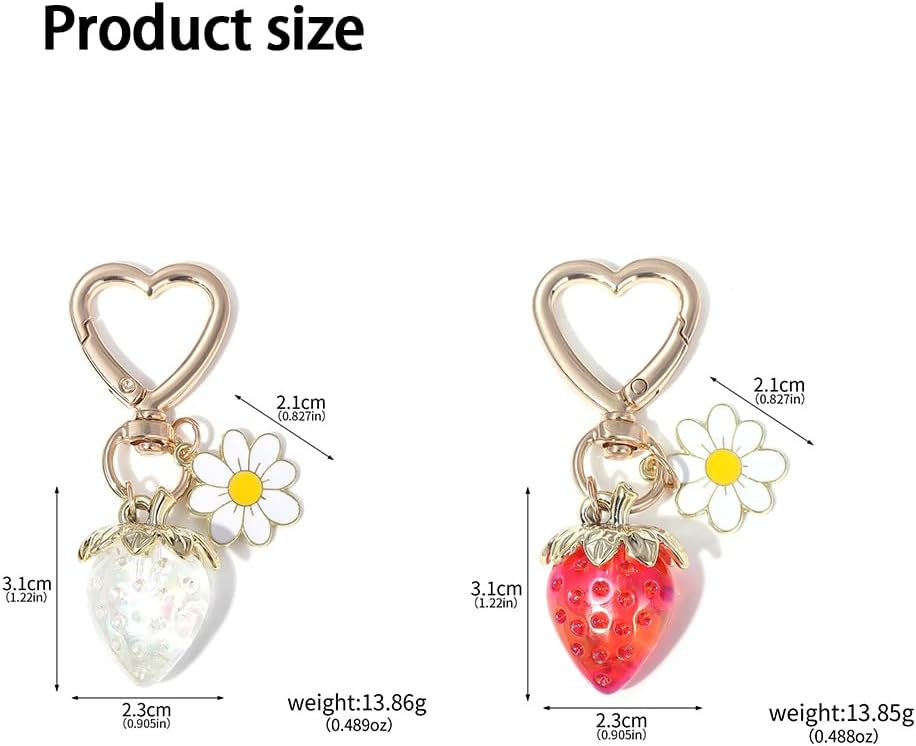 2-Piece Kawaii Strawberry Keychain Set, Adorable Heart Daisy Charms for Bags & Purses(White+Red) - Image 2
