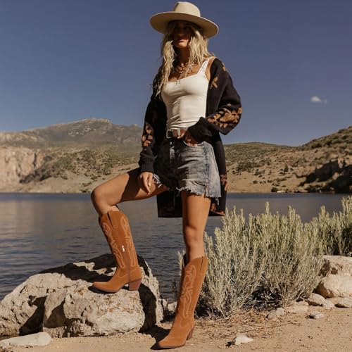 Erocalli Knee High Boots Women Cowgirl Cowboy Western Fall Chunky Block High Heel Tall Long Fashion Boot Side Zipper