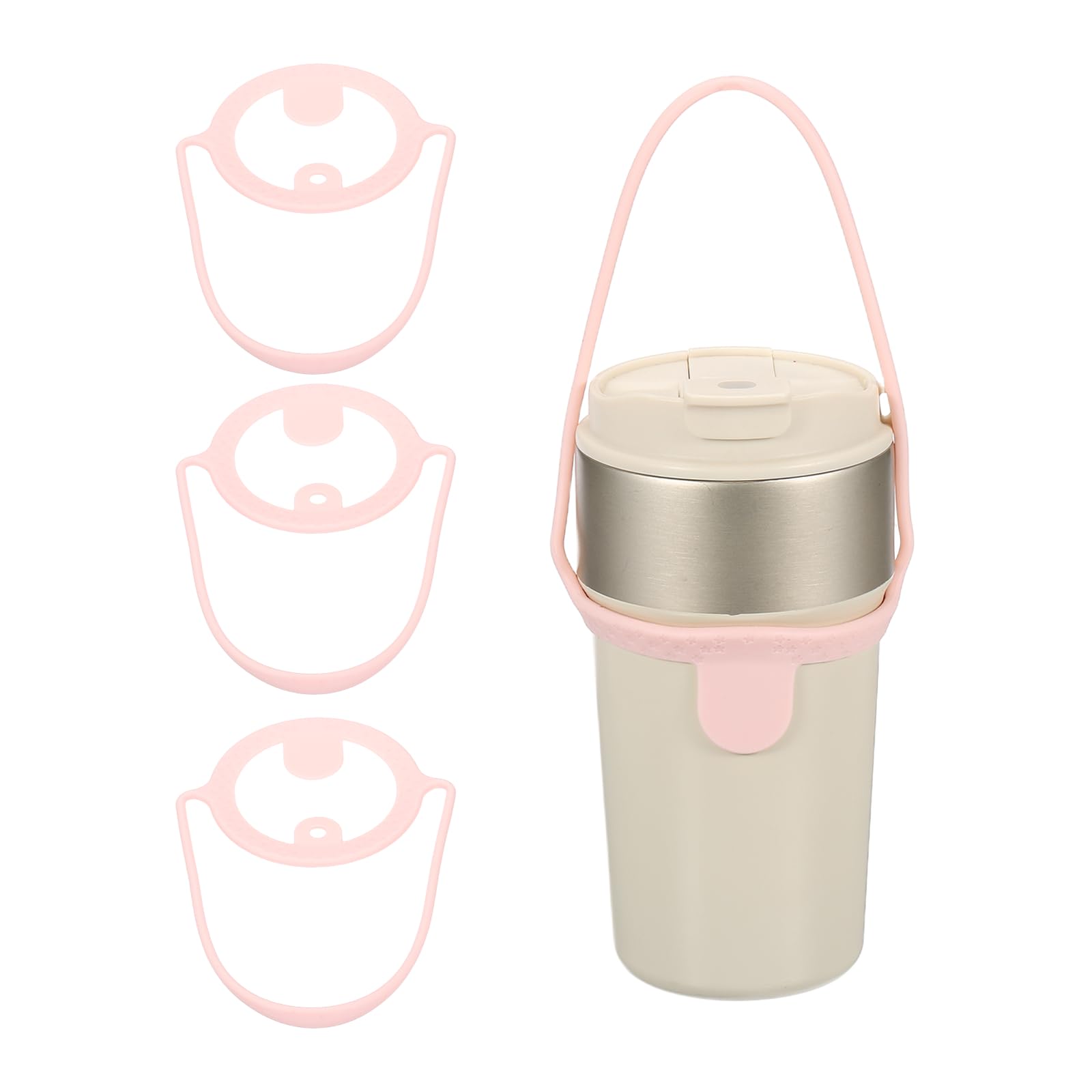 YELARXI Silicone Coffee Cup Carrier, Reusable Drink Carrier Tea Holder Sleeve Handle Strap with Straw Ring 3 Pcs & Pink -Fitting for (Travel/Take Out/Daily Use)
