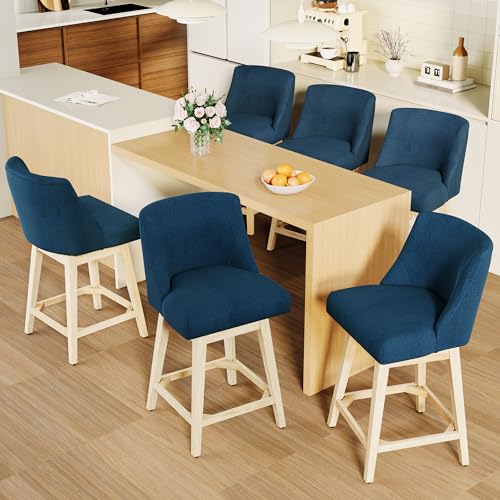 Image of Swivel Counter Height Bar Stools Set of 6, Modern Fabric Swivel Barstools with Contoured Back and Solid Wood Legs, Upholstered Counter Stool Bar Chairs for Kitchen Island, Home Bar, Blue