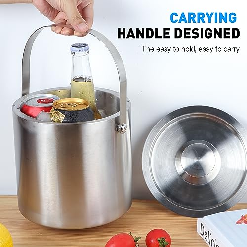 Ice Bucket 3L with Lid,Scoop,Tongs, Double Wall Insulated Stainless Steel Ice Bucket Wine Bucket for Cocktail Bar and Parties
