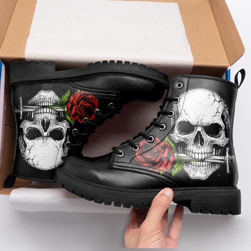 Image of Custom Black Combat Boots for Women Fashion Lace-Up Skull Rose Ankle Booties Chunky Heel Platform Leather Boots