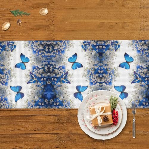 Chemin de table papillons bleus 152 cm avec pompons pour cuisine