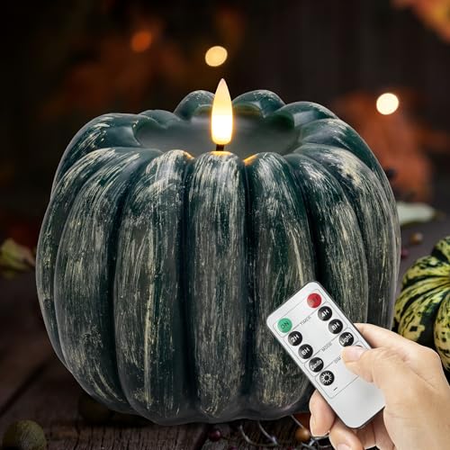 Image of Fall Flameless Candles with Remote, Real Wax Pumpkin Shaped Candle | Flickering Green Battery Operated Candles, Remote Included, For Autumn, Harvest, Thanksgiving, Halloween, Home, Party Decor