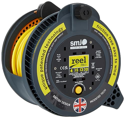 SMJ Electrical RP1513 13A 4G 15 Metre Reel Pro Cable Reel with Thermal Cut Out, Black/Yellow