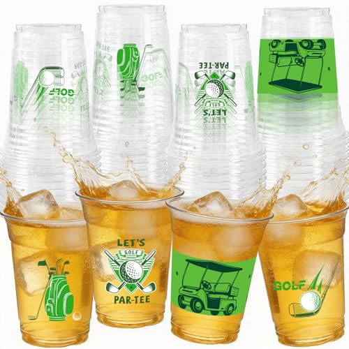 GuassLee 50 Pack Golf Ball Party Cups - 12oz Clear Plastic Drinking Cups Green Disposable Masters Golf Birthday Bachelor Party Decorations Supplies