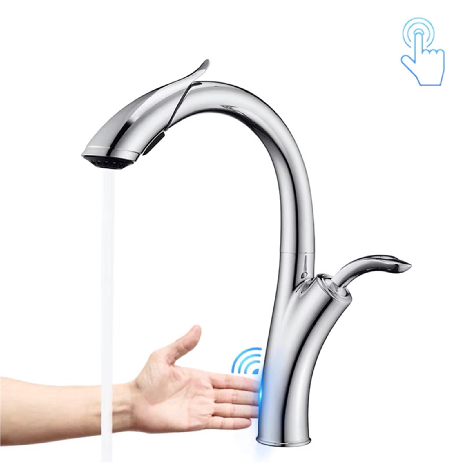 XJTNLB Robinet Tactile Chromé Mitigeur Evier avec Douchette | Mitigeur Douchette 2 Modes Rotatif à 360°, Mitigeur Cuisine Touchless Sensor en Laiton