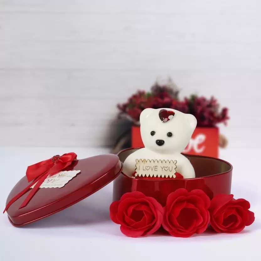 Eden Home Decor Valentine Gifts for Girlfriend/Wife Artificial Golden Red Rose, Teddy Bear, Heart Box (Teddy + Red Rose + Red Tin Box)