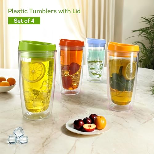 Lily's Home Set of 4 Double Wall 16oz Travel Cups with Multi-Color Lid, Reusable Insulated Plastic Tumblers, BPA Free, Handwash Only - Perfect for Iced Coffee and Cold Drinks, Indoor/Outdoor Use