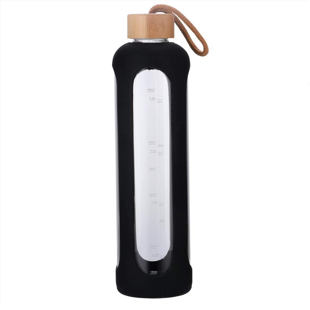 Glass Water Bottle 32 Oz with Silicone Sleeve Time Marker Leakproof Bamboo Lid for to-Go Travel Gym at Home Bpa Free (Black)
