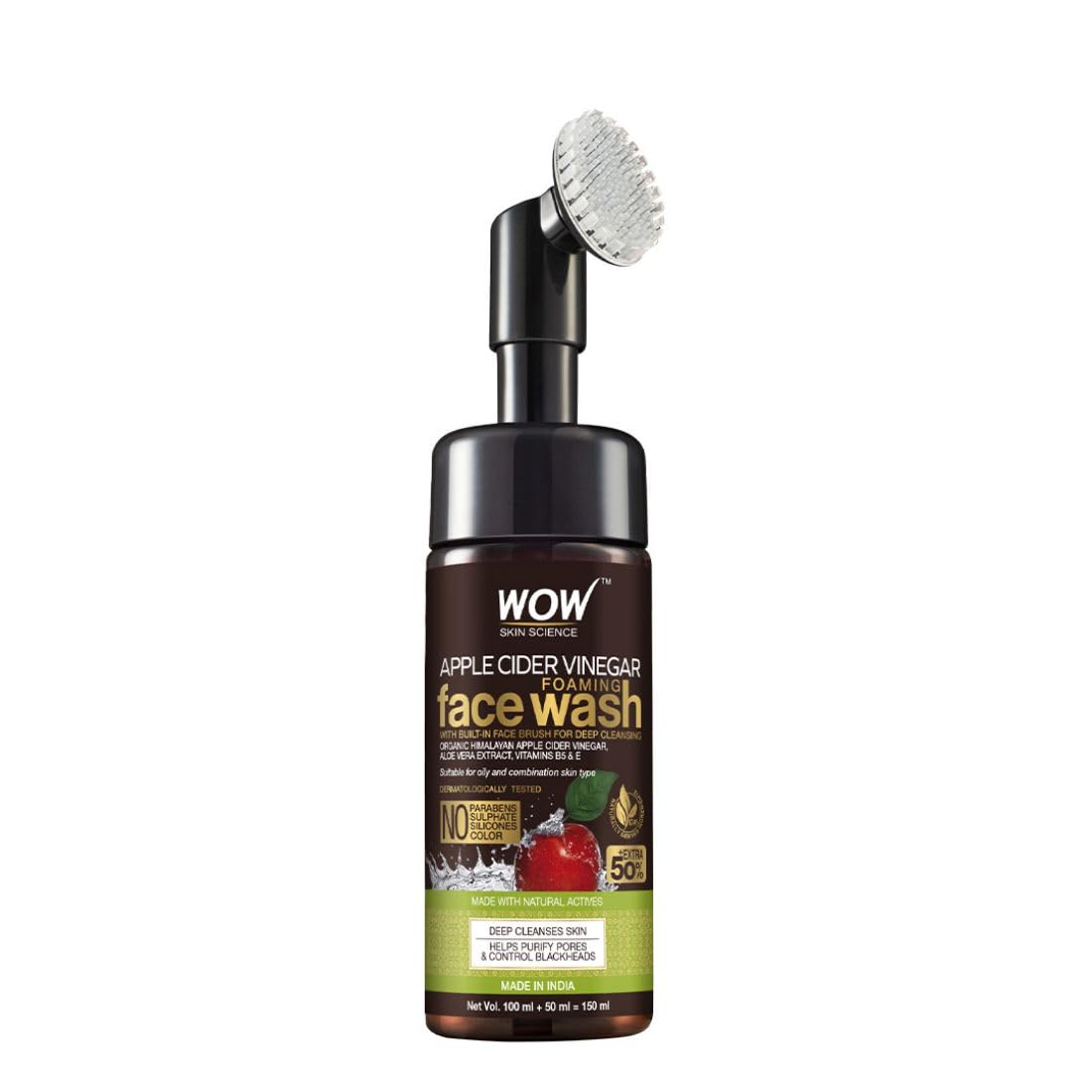 WOW Skin Science Apple Cider Vinegar Foaming Face Wash – No Parabens, Sulphate & Silicones (with built-in brush)
