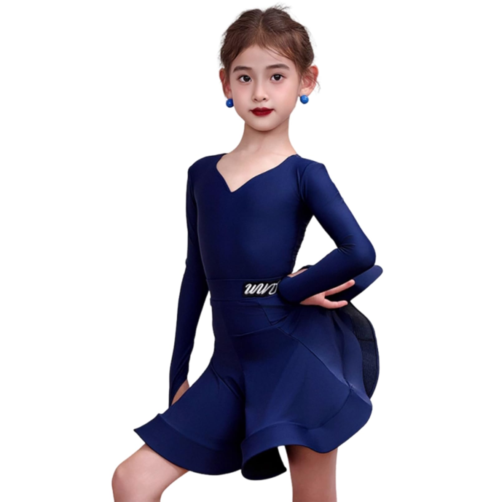 Vestido Profesional de Baile Latino para niñas Ideal para Tango Salsa Samba y Bailes de salón Traje para competición o presentación en el Escenario,Navy Blue,130cm