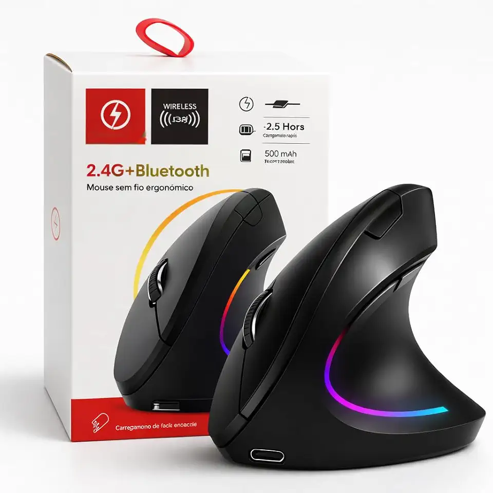 Mouse Sem Fio Ergonômico Vertical Silencioso Design Ortopédico Ergo Tech RGB - Reduz Dor no Pulso e Fadiga Compatível com Windows, Mac, Notebook, PC – Preto, DPI Ajustável
